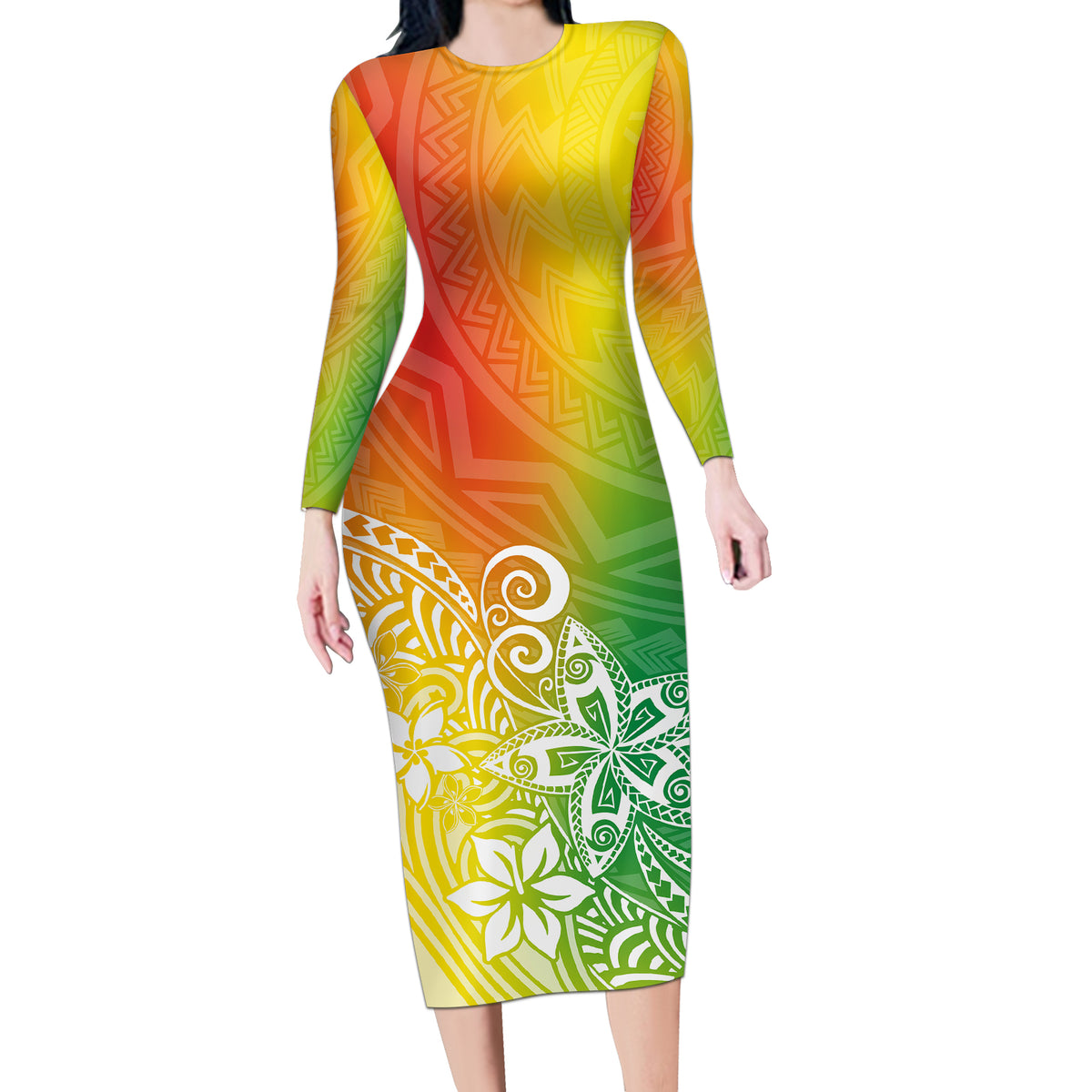 Polynesia Long Sleeve Bodycon Dress Plumeria Reggae Curves - Wonder Print Shop