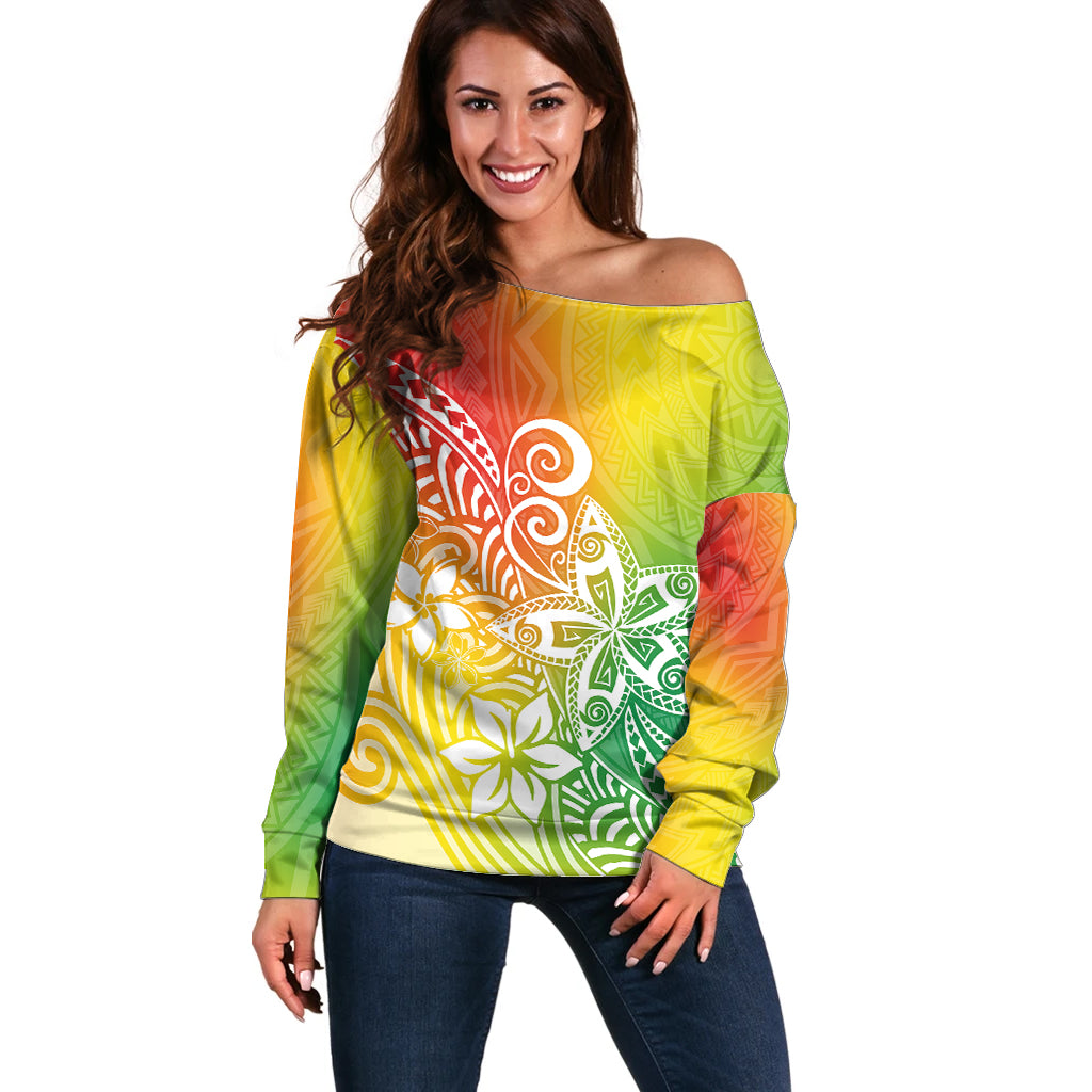 Polynesia Off Shoulder Sweater Plumeria Reggae Curves - Wonder Print Shop