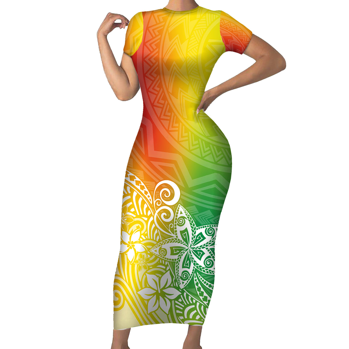 Polynesia Short Sleeve Bodycon Dress Plumeria Reggae Curves - Wonder Print Shop
