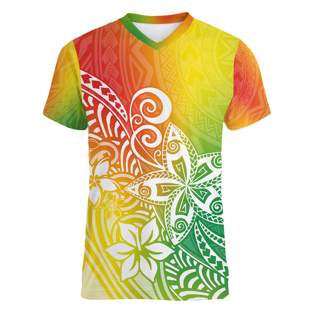 Polynesia Women V Neck T Shirt Plumeria Reggae Curves - Wonder Print Shop