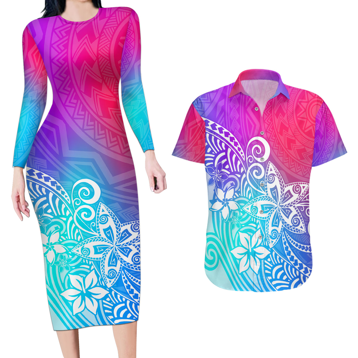 Polynesia Couples Matching Long Sleeve Bodycon Dress and Hawaiian Shirt Plumeria Galaxy Gradient Curves LT7 - Wonder Print Shop