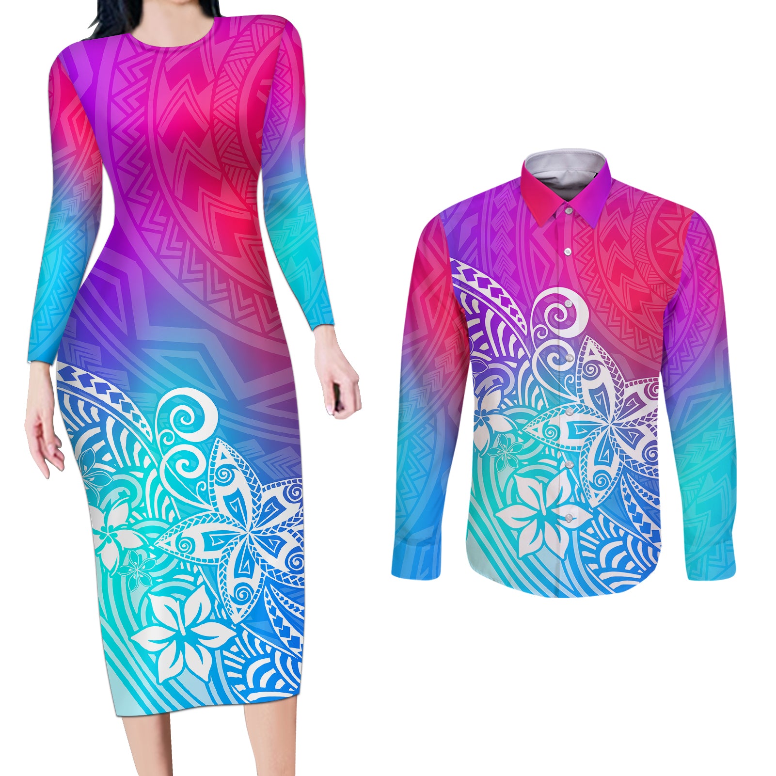 Polynesia Couples Matching Long Sleeve Bodycon Dress and Long Sleeve Button Shirts Plumeria Galaxy Gradient Curves LT7 - Wonder Print Shop