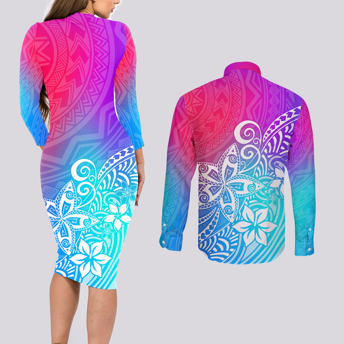 Polynesia Couples Matching Long Sleeve Bodycon Dress and Long Sleeve Button Shirts Plumeria Galaxy Gradient Curves LT7 - Wonder Print Shop