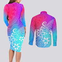 Polynesia Couples Matching Long Sleeve Bodycon Dress and Long Sleeve Button Shirts Plumeria Galaxy Gradient Curves LT7 - Wonder Print Shop