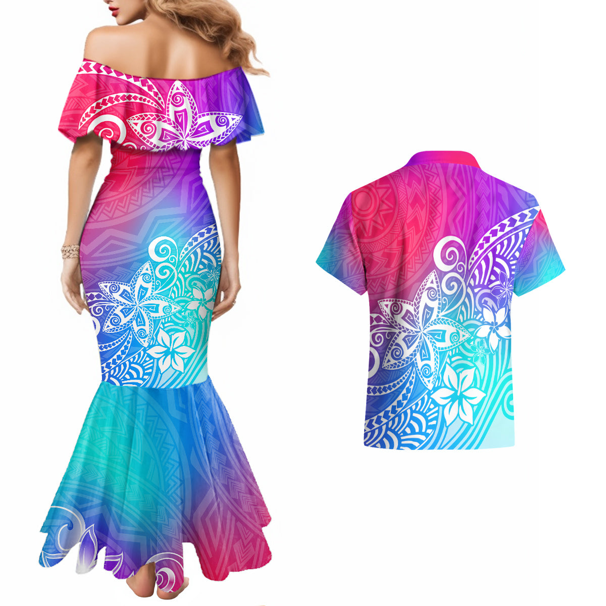 Polynesia Couples Matching Mermaid Dress and Hawaiian Shirt Plumeria Galaxy Gradient Curves LT7 - Wonder Print Shop