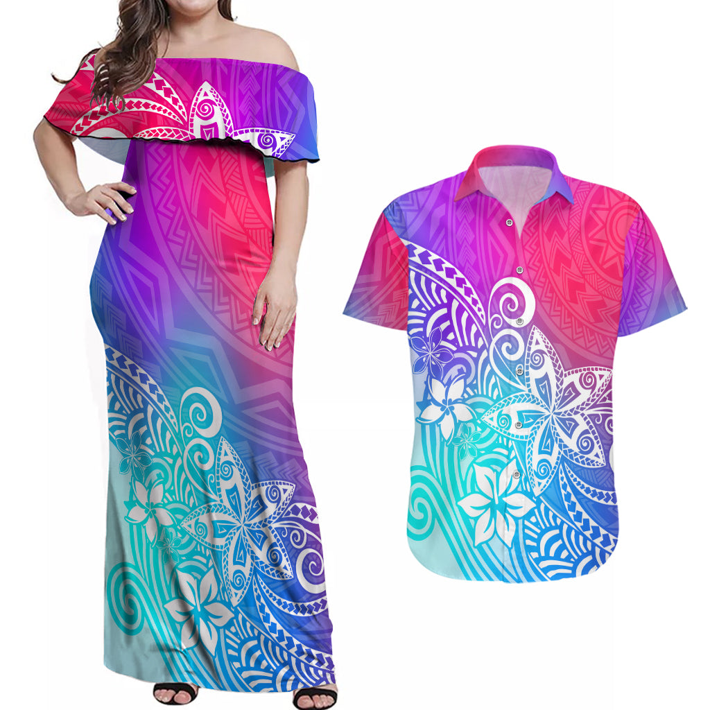 Polynesia Couples Matching Off Shoulder Maxi Dress and Hawaiian Shirt Plumeria Galaxy Gradient Curves LT7 - Wonder Print Shop