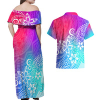 Polynesia Couples Matching Off Shoulder Maxi Dress and Hawaiian Shirt Plumeria Galaxy Gradient Curves LT7 - Wonder Print Shop
