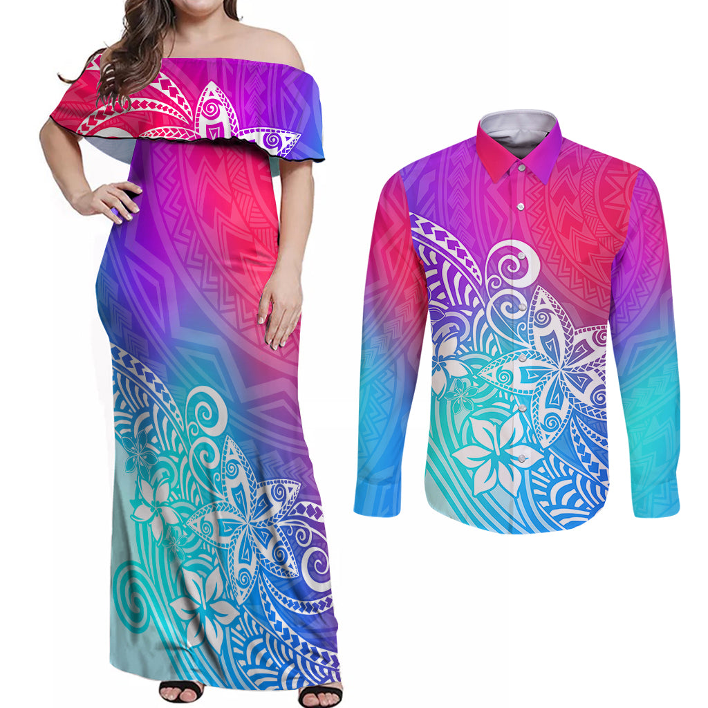 Polynesia Couples Matching Off Shoulder Maxi Dress and Long Sleeve Button Shirts Plumeria Galaxy Gradient Curves LT7 - Wonder Print Shop