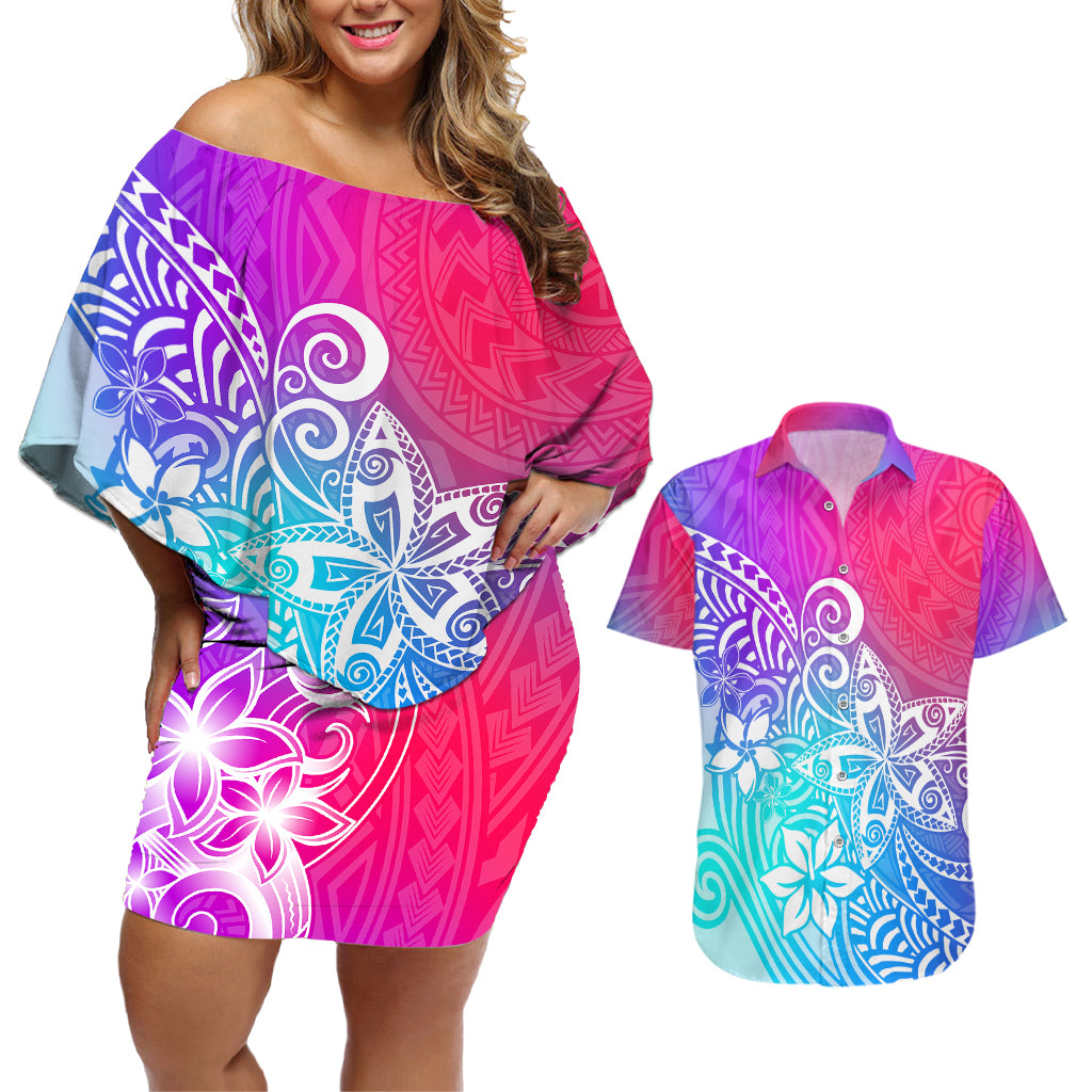 Polynesia Couples Matching Off Shoulder Short Dress and Hawaiian Shirt Plumeria Galaxy Gradient Curves LT7 - Wonder Print Shop