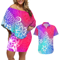 Polynesia Couples Matching Off Shoulder Short Dress and Hawaiian Shirt Plumeria Galaxy Gradient Curves LT7 - Wonder Print Shop
