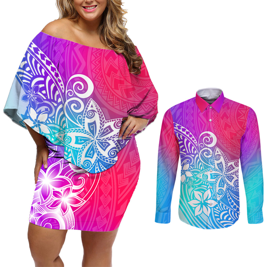 Polynesia Couples Matching Off Shoulder Short Dress and Long Sleeve Button Shirts Plumeria Galaxy Gradient Curves LT7 - Wonder Print Shop