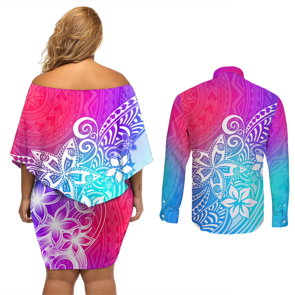 Polynesia Couples Matching Off Shoulder Short Dress and Long Sleeve Button Shirts Plumeria Galaxy Gradient Curves LT7 - Wonder Print Shop