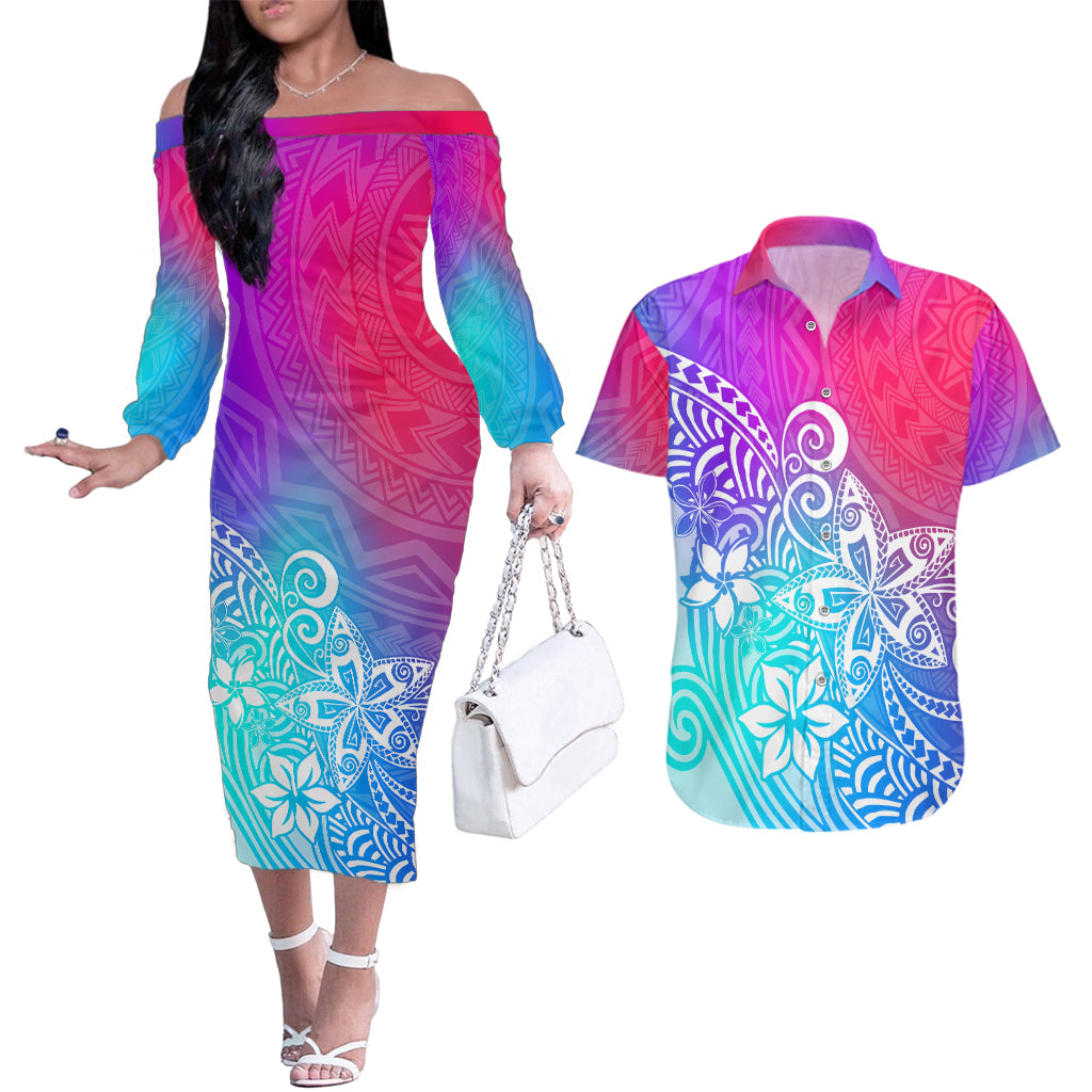 Polynesia Couples Matching Off The Shoulder Long Sleeve Dress and Hawaiian Shirt Plumeria Galaxy Gradient Curves LT7 - Wonder Print Shop