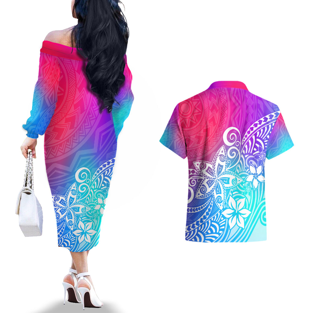 Polynesia Couples Matching Off The Shoulder Long Sleeve Dress and Hawaiian Shirt Plumeria Galaxy Gradient Curves LT7 - Wonder Print Shop