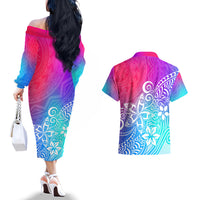 Polynesia Couples Matching Off The Shoulder Long Sleeve Dress and Hawaiian Shirt Plumeria Galaxy Gradient Curves LT7 - Wonder Print Shop
