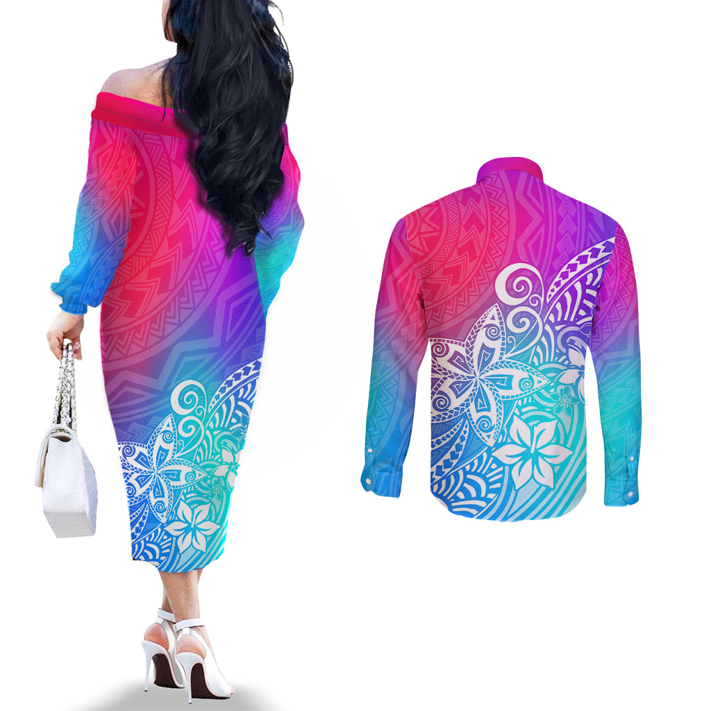 polynesia-couples-matching-off-the-shoulder-long-sleeve-dress-and-long-sleeve-button-shirts-plumeria-galaxy-gradient-curves