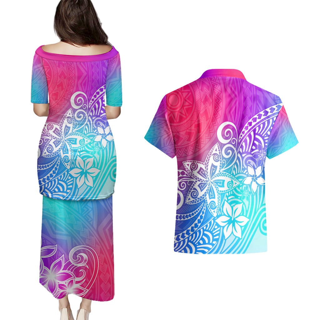 Polynesia Couples Matching Puletasi Dress and Hawaiian Shirt Plumeria Galaxy Gradient Curves LT7 - Wonder Print Shop