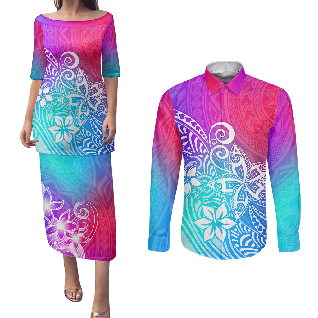 Polynesia Couples Matching Puletasi Dress and Long Sleeve Button Shirts Plumeria Galaxy Gradient Curves LT7 - Wonder Print Shop