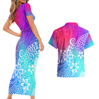 Polynesia Couples Matching Short Sleeve Bodycon Dress and Hawaiian Shirt Plumeria Galaxy Gradient Curves LT7 - Wonder Print Shop