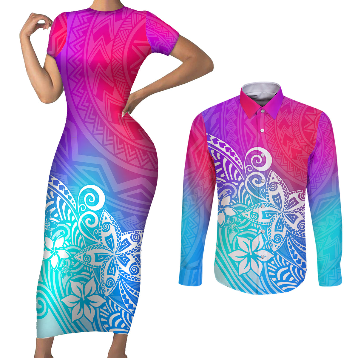 Polynesia Couples Matching Short Sleeve Bodycon Dress and Long Sleeve Button Shirts Plumeria Galaxy Gradient Curves LT7 - Wonder Print Shop