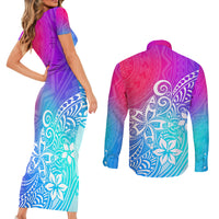 Polynesia Couples Matching Short Sleeve Bodycon Dress and Long Sleeve Button Shirts Plumeria Galaxy Gradient Curves LT7 - Wonder Print Shop