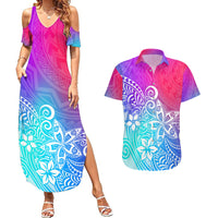Polynesia Couples Matching Summer Maxi Dress and Hawaiian Shirt Plumeria Galaxy Gradient Curves LT7 - Wonder Print Shop