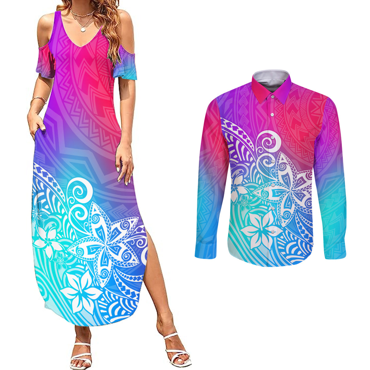 Polynesia Couples Matching Summer Maxi Dress and Long Sleeve Button Shirts Plumeria Galaxy Gradient Curves LT7 - Wonder Print Shop