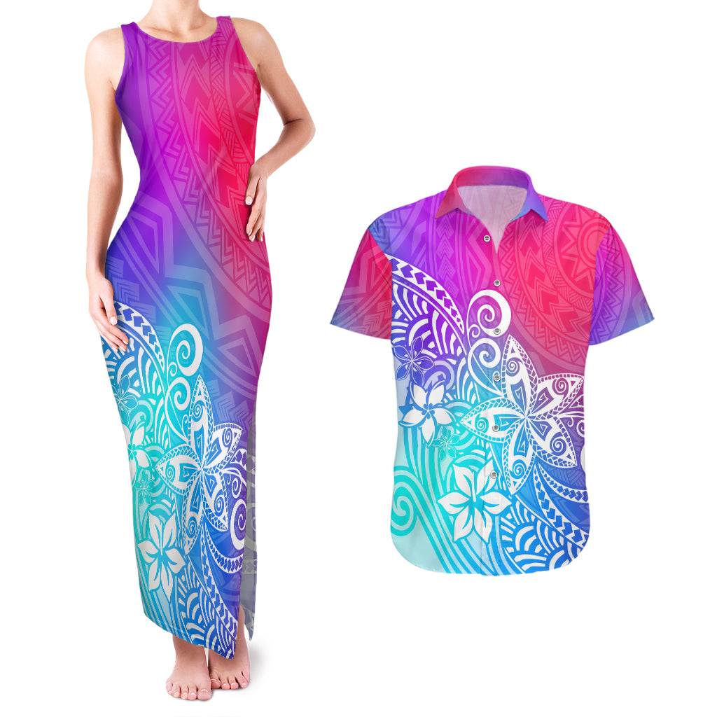 Polynesia Couples Matching Tank Maxi Dress and Hawaiian Shirt Plumeria Galaxy Gradient Curves LT7 - Wonder Print Shop