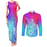 Polynesia Couples Matching Tank Maxi Dress and Long Sleeve Button Shirts Plumeria Galaxy Gradient Curves LT7 - Wonder Print Shop