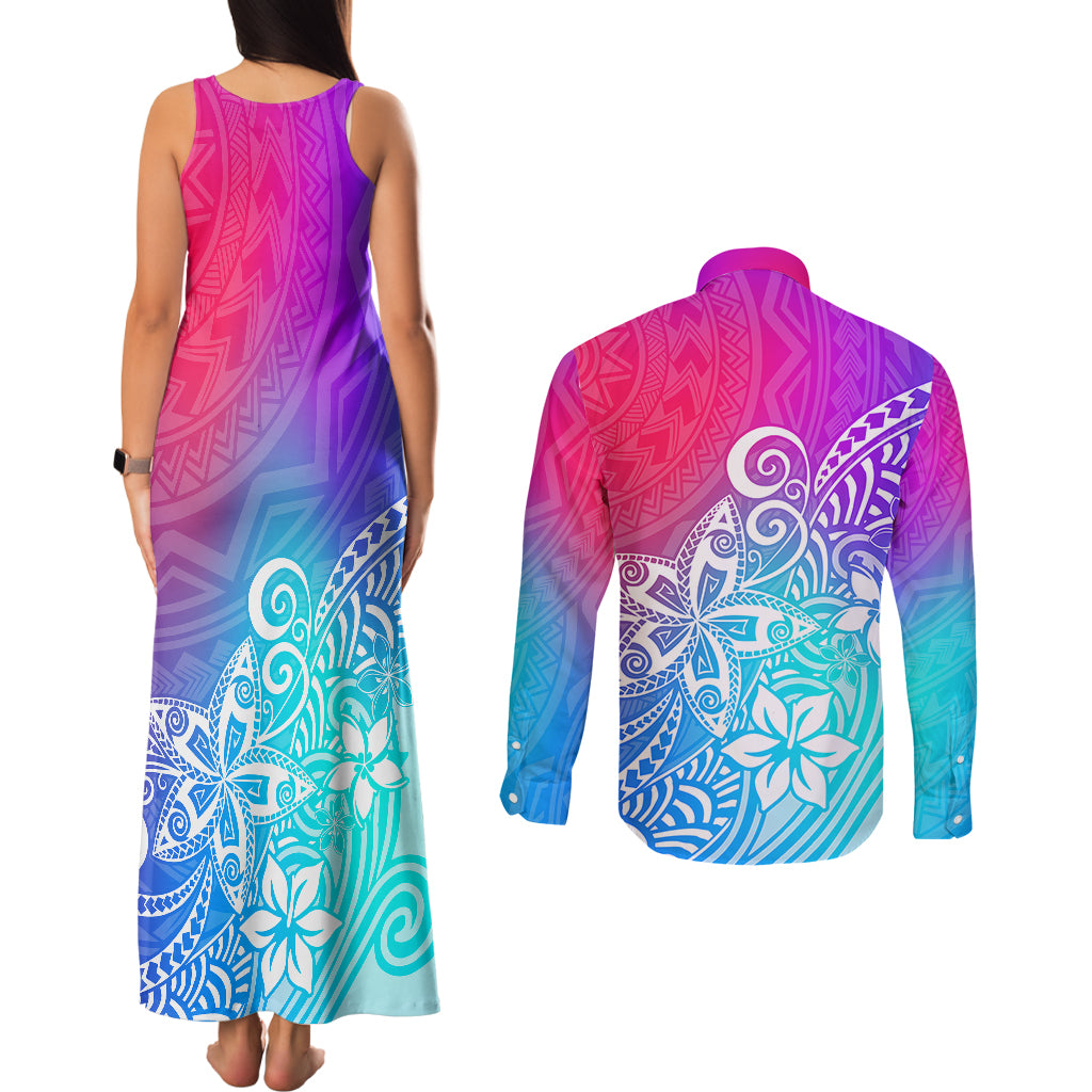 Polynesia Couples Matching Tank Maxi Dress and Long Sleeve Button Shirts Plumeria Galaxy Gradient Curves LT7 - Wonder Print Shop