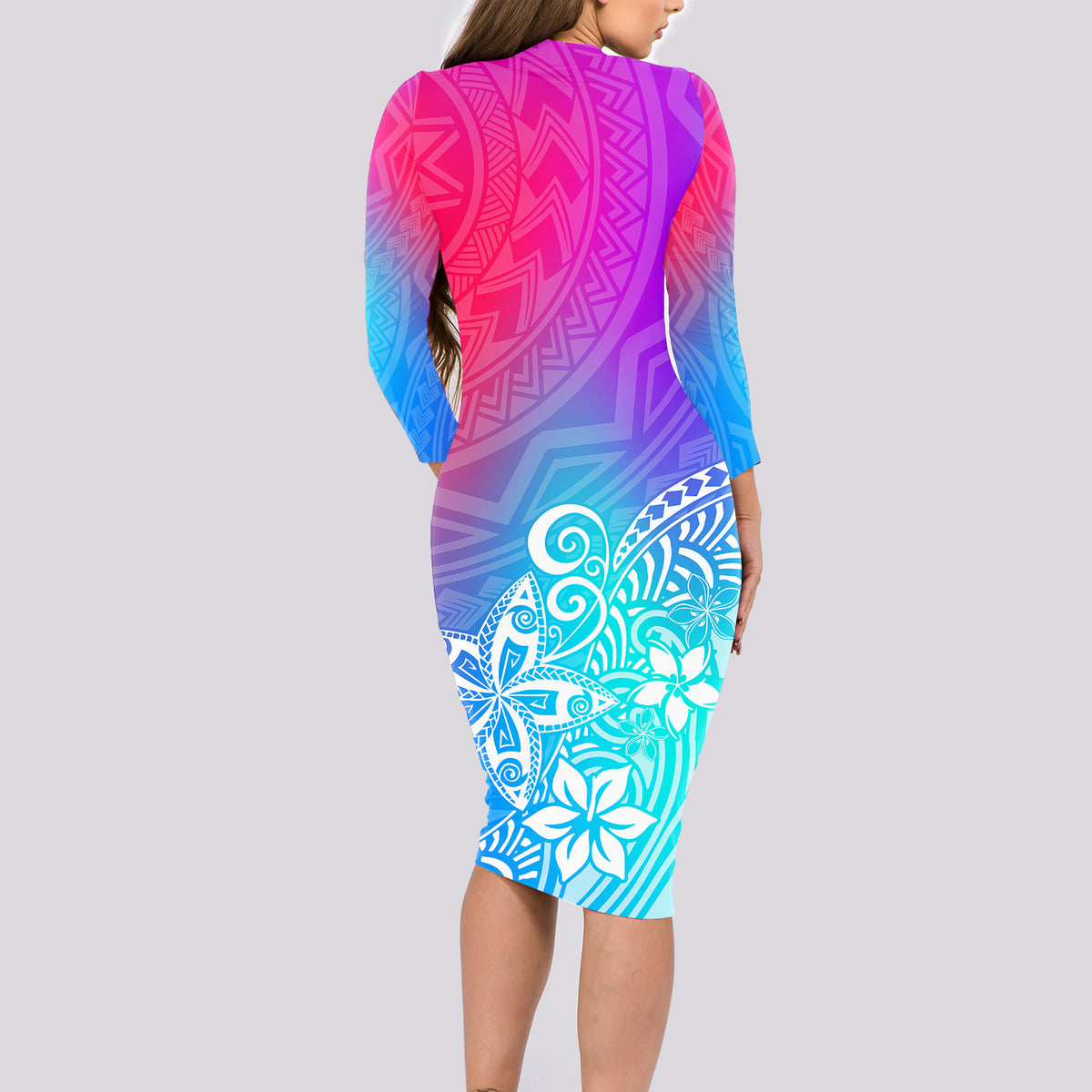 Polynesia Long Sleeve Bodycon Dress Plumeria Galaxy Gradient Curves - Wonder Print Shop