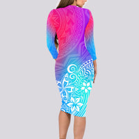 Polynesia Long Sleeve Bodycon Dress Plumeria Galaxy Gradient Curves - Wonder Print Shop