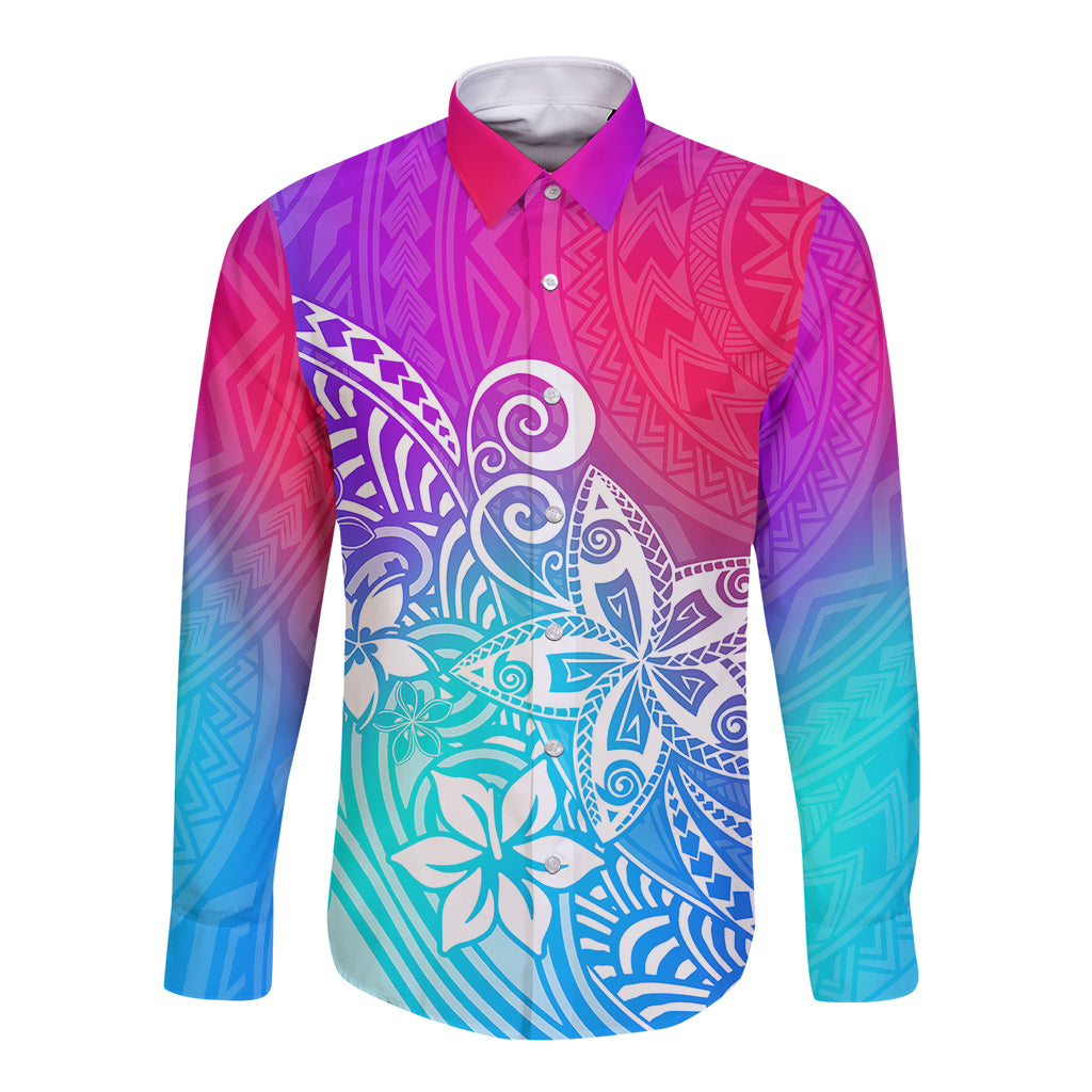Polynesia Long Sleeve Button Shirt Plumeria Galaxy Gradient Curves - Wonder Print Shop