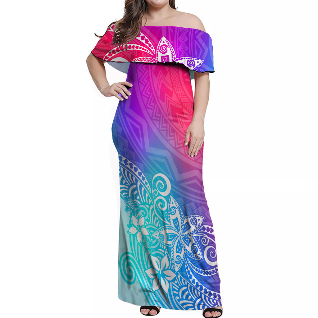 Polynesia Off Shoulder Maxi Dress Plumeria Galaxy Gradient Curves - Wonder Print Shop