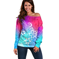 Polynesia Off Shoulder Sweater Plumeria Galaxy Gradient Curves - Wonder Print Shop