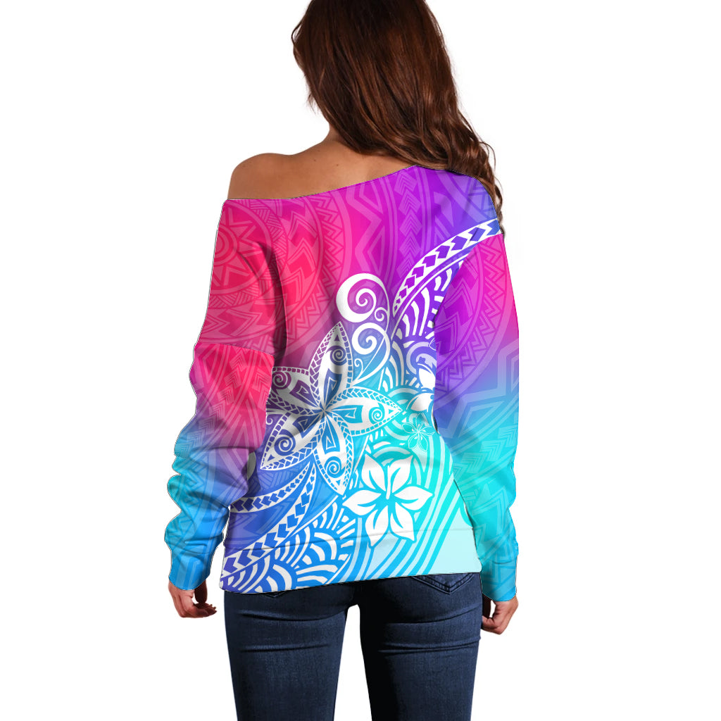 Polynesia Off Shoulder Sweater Plumeria Galaxy Gradient Curves - Wonder Print Shop