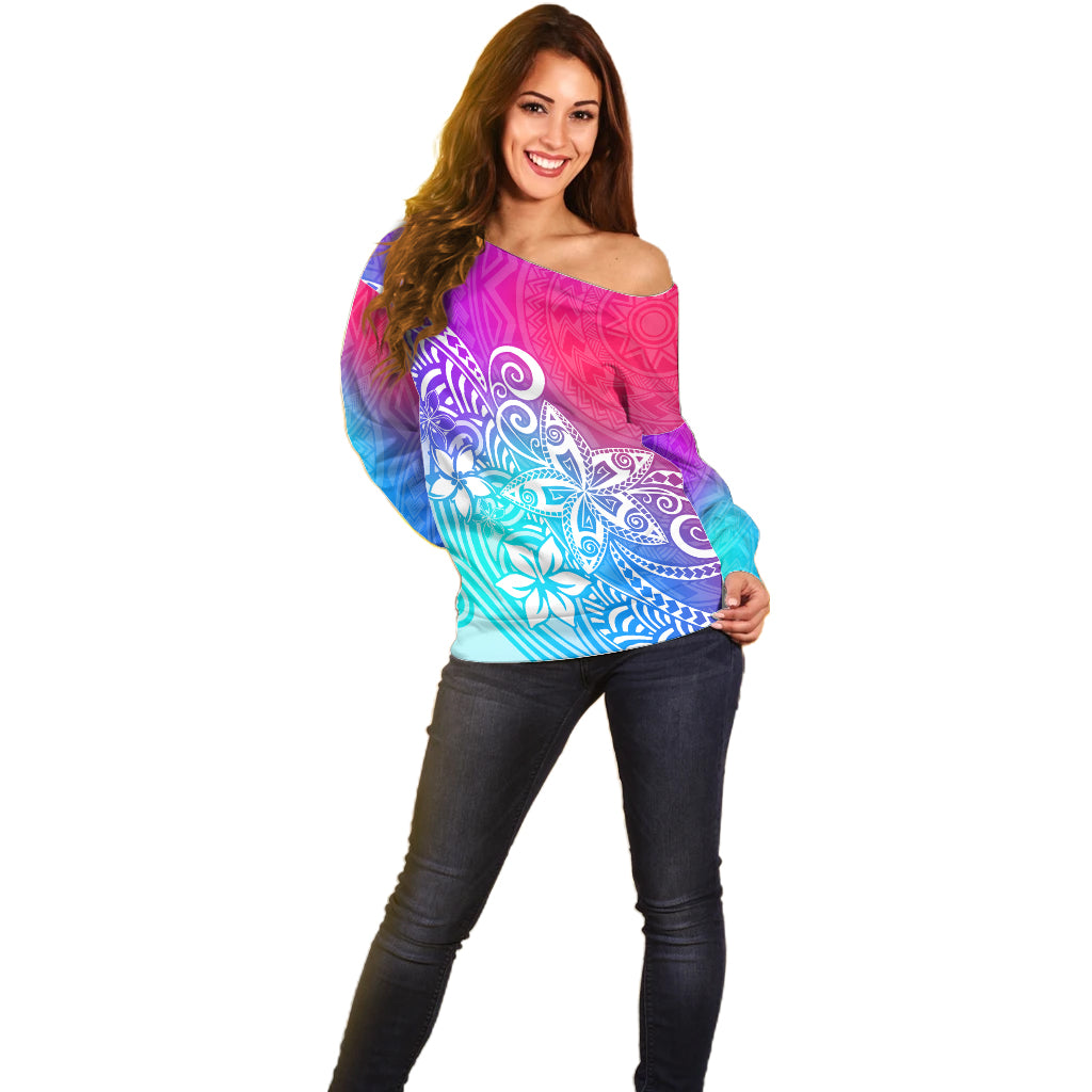 Polynesia Off Shoulder Sweater Plumeria Galaxy Gradient Curves - Wonder Print Shop