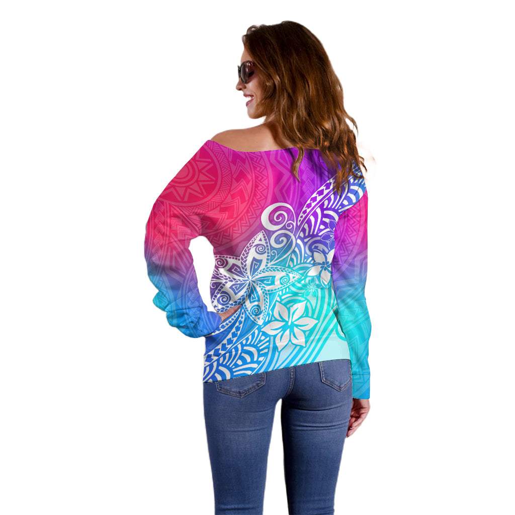 Polynesia Off Shoulder Sweater Plumeria Galaxy Gradient Curves - Wonder Print Shop
