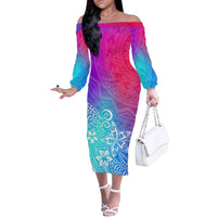Polynesia Off The Shoulder Long Sleeve Dress Plumeria Galaxy Gradient Curves - Wonder Print Shop