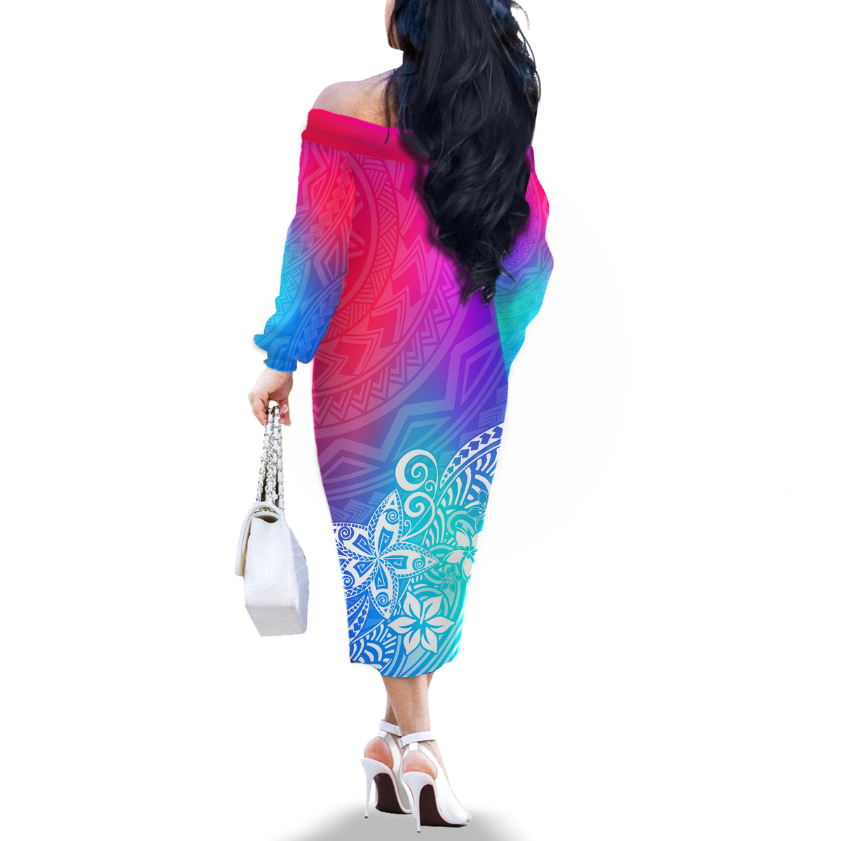 Polynesia Off The Shoulder Long Sleeve Dress Plumeria Galaxy Gradient Curves - Wonder Print Shop