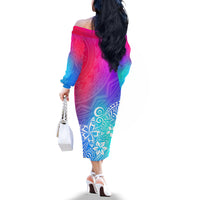 Polynesia Off The Shoulder Long Sleeve Dress Plumeria Galaxy Gradient Curves - Wonder Print Shop