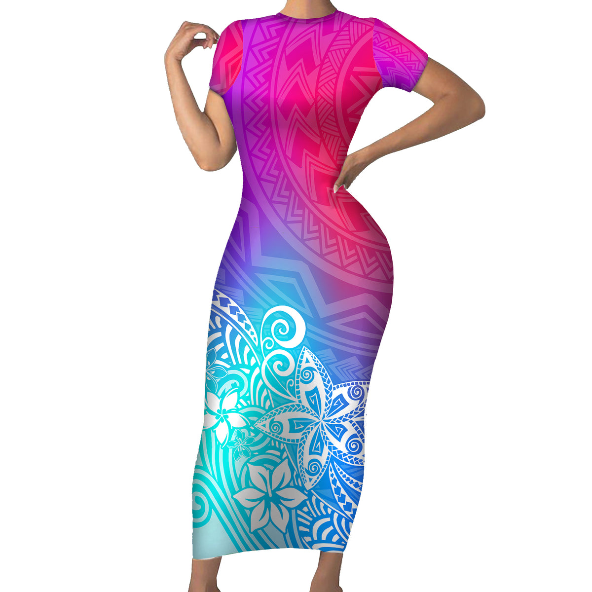 Polynesia Short Sleeve Bodycon Dress Plumeria Galaxy Gradient Curves - Wonder Print Shop