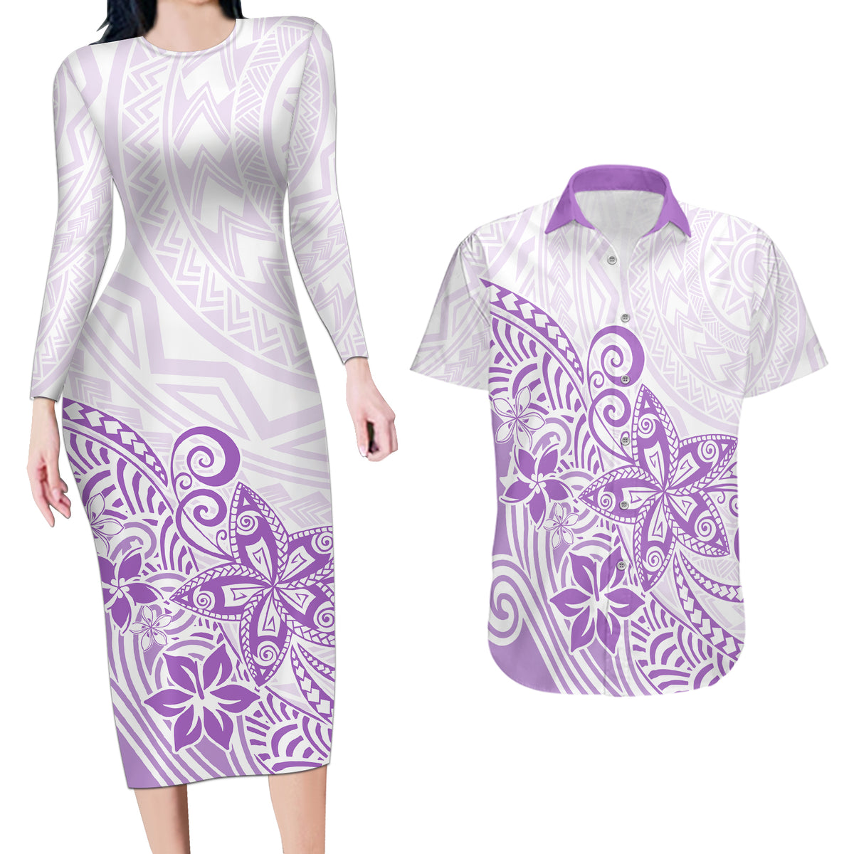 Polynesia Couples Matching Long Sleeve Bodycon Dress and Hawaiian Shirt Plumeria Lavender Curves LT7 - Wonder Print Shop