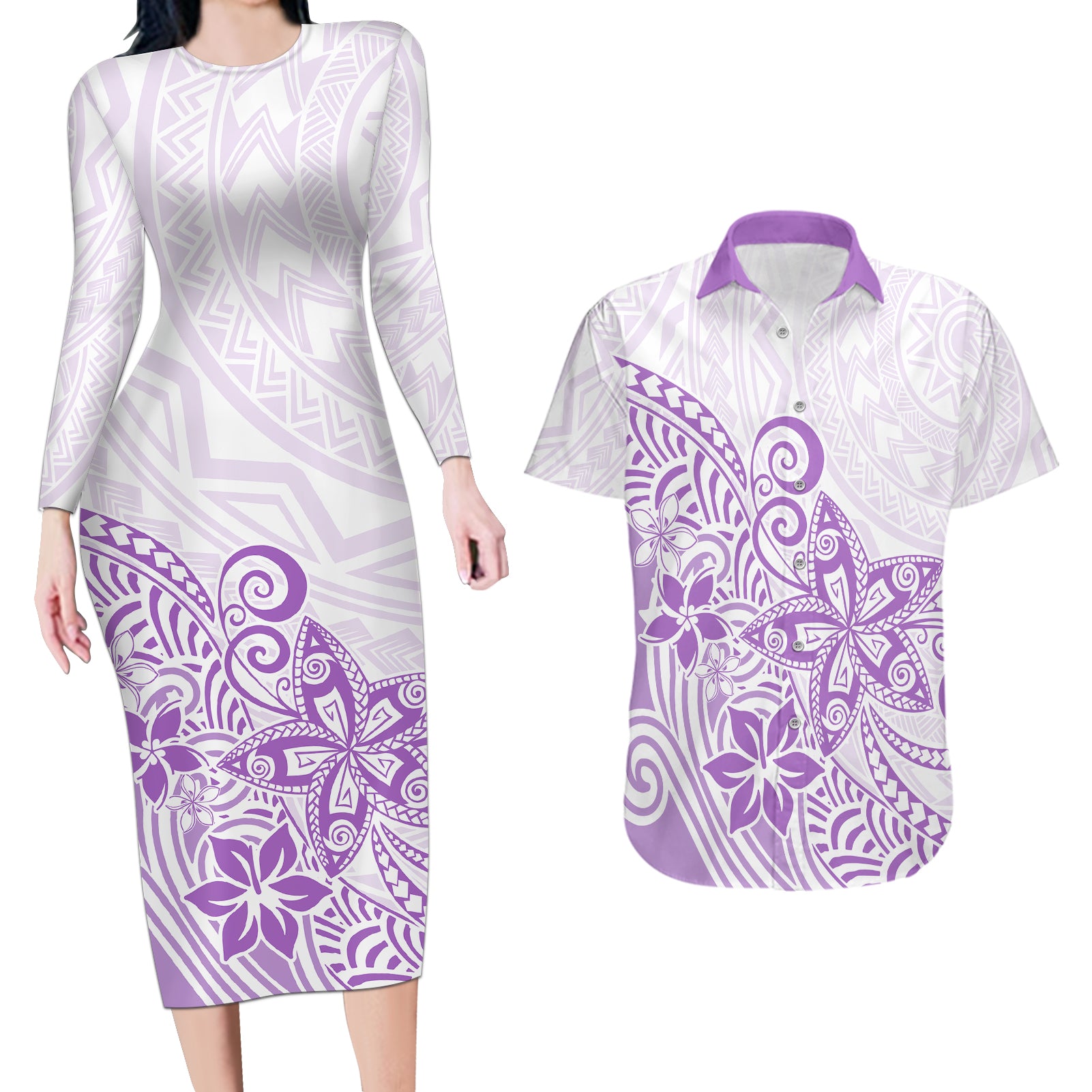 Polynesia Couples Matching Long Sleeve Bodycon Dress and Hawaiian Shirt Plumeria Lavender Curves LT7 - Wonder Print Shop