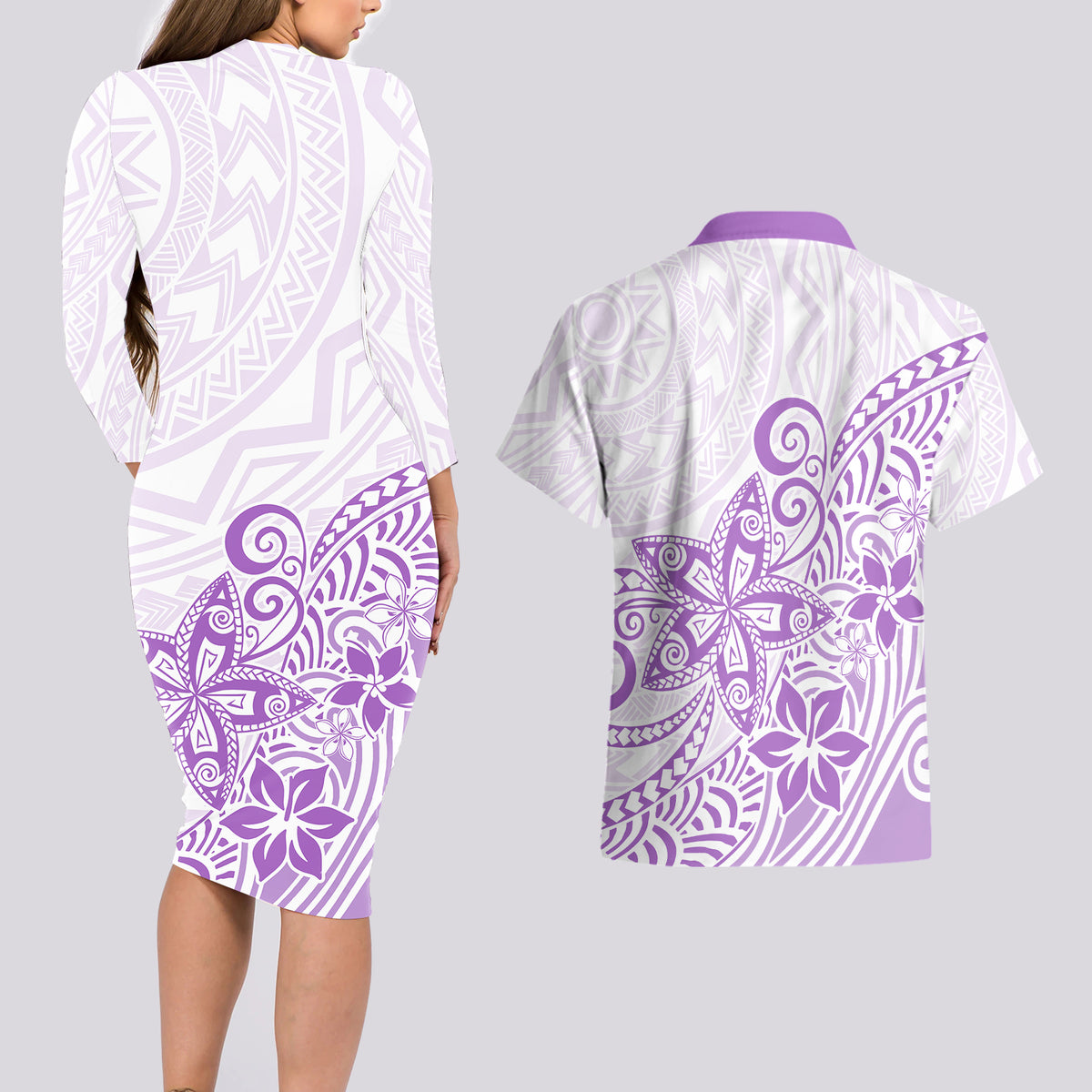 Polynesia Couples Matching Long Sleeve Bodycon Dress and Hawaiian Shirt Plumeria Lavender Curves LT7 - Wonder Print Shop