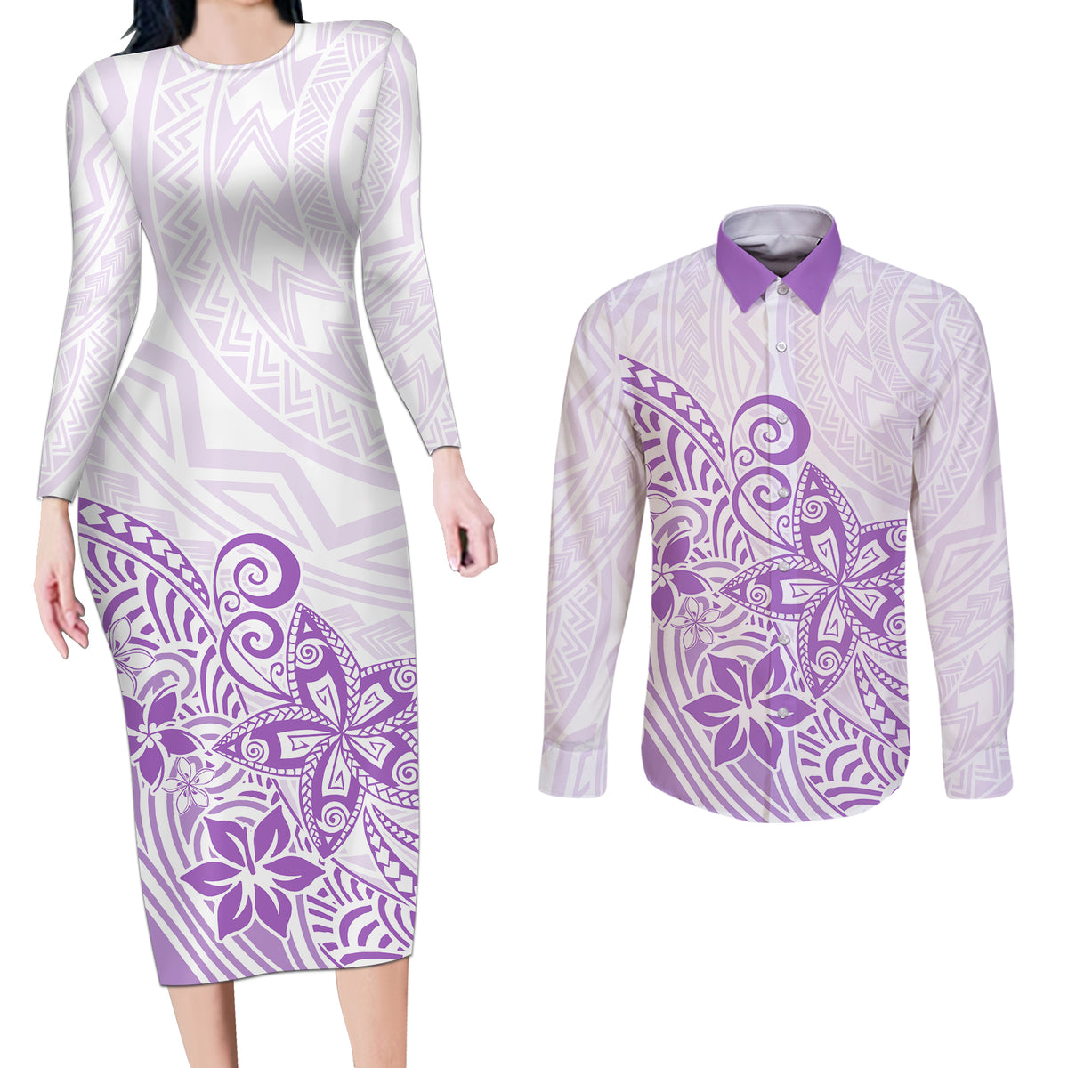 Polynesia Couples Matching Long Sleeve Bodycon Dress and Long Sleeve Button Shirts Plumeria Lavender Curves LT7 - Wonder Print Shop