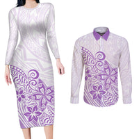 Polynesia Couples Matching Long Sleeve Bodycon Dress and Long Sleeve Button Shirts Plumeria Lavender Curves LT7 - Wonder Print Shop
