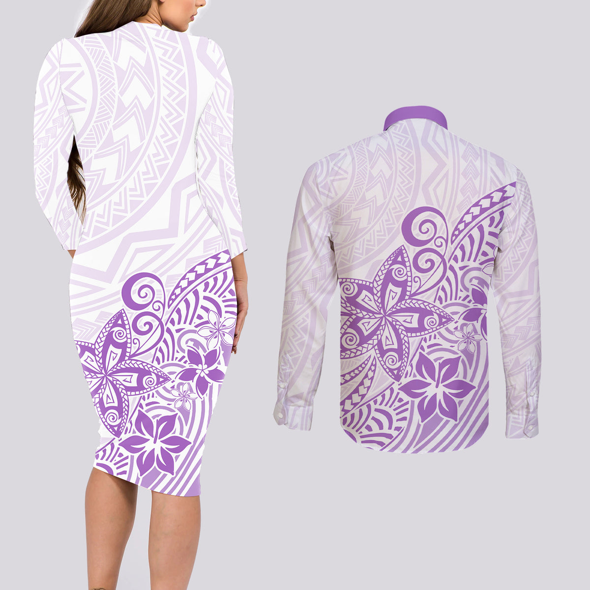 Polynesia Couples Matching Long Sleeve Bodycon Dress and Long Sleeve Button Shirts Plumeria Lavender Curves LT7 - Wonder Print Shop