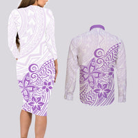 Polynesia Couples Matching Long Sleeve Bodycon Dress and Long Sleeve Button Shirts Plumeria Lavender Curves LT7 - Wonder Print Shop