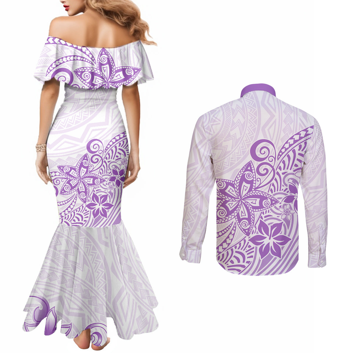 polynesia-couples-matching-mermaid-dress-and-long-sleeve-button-shirts-plumeria-lavender-curves